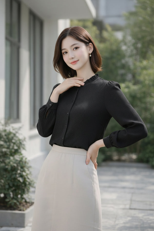 Elegant Frill Neck Button Down Shirt