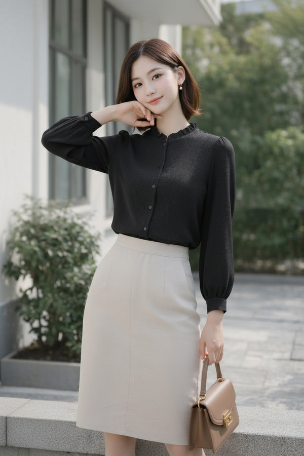 Black Ruffle Neck Button-Down Shirt for Women | Full Sleeve Solid Shirt