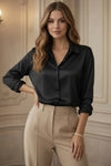 Women’s Satin Finish Black Shirt – Classic Button-Down Elegant Formal Top