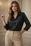 Women’s Satin Finish Black Shirt – Classic Button-Down Elegant Formal Top