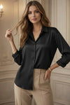 Women’s Satin Finish Black Shirt – Classic Button-Down Elegant Formal Top