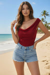 Wine Red Off-Shoulder Drape Neck Fitted Top for Women