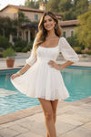 White Square Neck Fit & Flare Mini Dress with Sheer Puff Sleeves & Tie-Back Detail