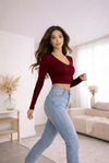 Maroon V-Neck Full Sleeve Crop Top – Slim Fit Stretch Casual Top