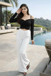 Black Ruched Cold Shoulder Crop Top for Women