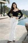 Black Ruched Cold Shoulder Crop Top for Women