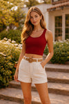 Maroon Ribbed Sleeveless Crop Top