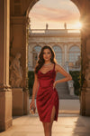 Glossy Satin Cowl Neck Ruched Red Mini Dress with Side Slit