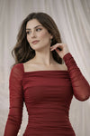 Red Ruched Maxi Dress with Sheer Sleeves | Elegant Evening & Occasion Wear