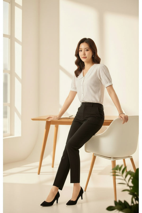 White Embroidered Button-Down Short Sleeve Top