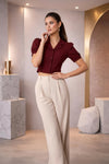 Maroon Puff Sleeve Collared Crop Top with Button-Down Detail
