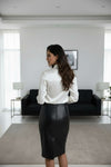 Women White Tie-Neck Satin Shirt – Elegant Long Sleeve Formal Blouse