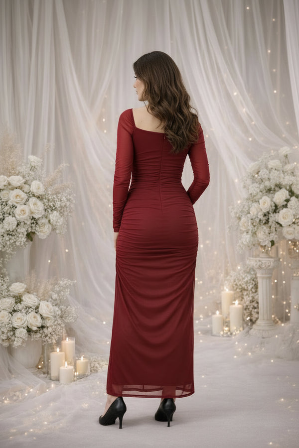 Red Ruched Maxi Dress with Sheer Sleeves | Elegant Evening & Occasion Wear