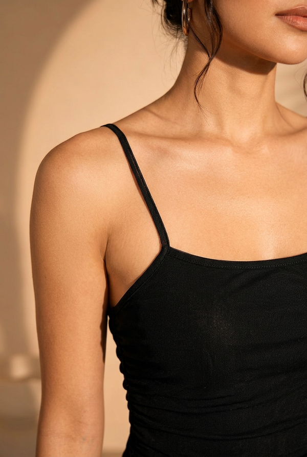 Black Ruched Mesh Slip Maxi Dress