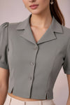 Steel Gray Puff Sleeve Collared Crop Top with Button-Down Detail