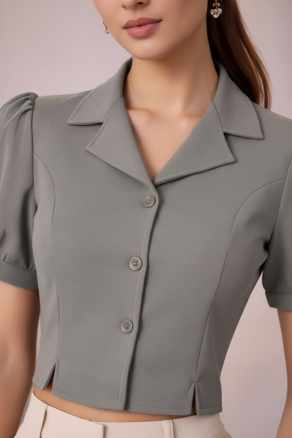 Steel Gray Puff Sleeve Collared Crop Top with Button-Down Detail