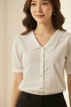 White Embroidered Button-Down Short Sleeve Top