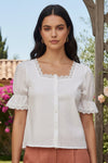 White Embroidered Lace Trim Button-Down Top