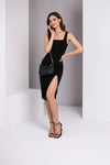 Black Square Neck Bodycon Midi Dress with Side Slit