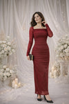 Red Ruched Maxi Dress with Sheer Sleeves | Elegant Evening & Occasion Wear