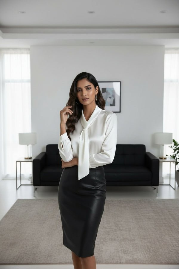 Women White Tie-Neck Satin Shirt – Elegant Long Sleeve Formal Blouse