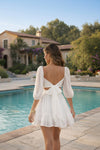 White Square Neck Fit & Flare Mini Dress with Sheer Puff Sleeves & Tie-Back Detail