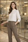 White Solid Mandarin Collar Button-Down Shirt for Women