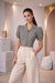 Steel Gray Puff Sleeve Collared Crop Top with Button-Down Detail