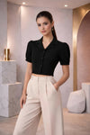 Black Puff Sleeve Collared Crop Top with Button-Down Detail