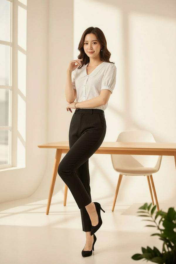 White Embroidered Button-Down Short Sleeve Top