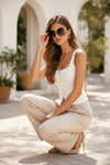 White Ribbed Button-Front Crop Top with Square Neck