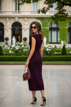Deep Wine Plum Wrap Neck Side Slit Midi Dress