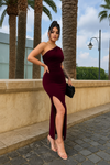 Wine One-Shoulder Ruched Side Slit Maxi Dress
