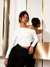 White Off-Shoulder Ruched Full Sleeve Crop Top