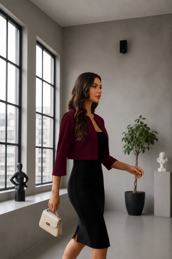 Wine Open Front Cropped Shrug for Women