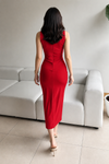 Red High Neck Ruched Bodycon Midi Dress