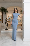 Light Blue One-Shoulder Ruched Maxi Dress