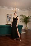 Black Ruched Slit Maxi Dress with Tie-Up Detail