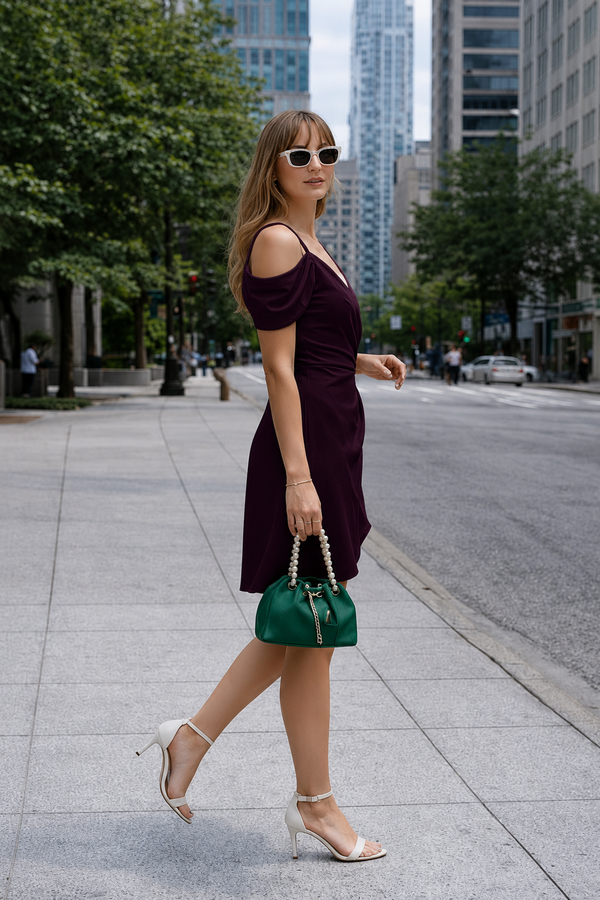 Deep Wine Plum Elara Draped Shoulder Wrap Mini Dress