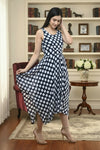 Navy Blue Polka Dot Maxi Dress Sleeveless Fit and Flare - GARMENT2FASHION