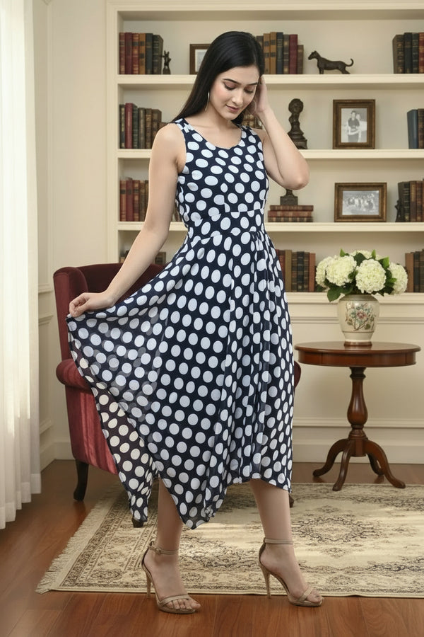Navy Blue Polka Dot Maxi Dress Sleeveless Fit and Flare - GARMENT2FASHION