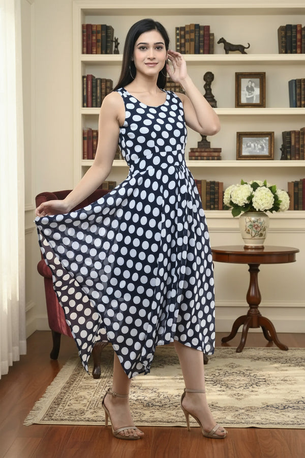 Navy Blue Polka Dot Maxi Dress Sleeveless Fit and Flare - GARMENT2FASHION