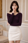 Deep Wine Plum Asymmetric Off Shoulder Top