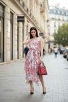 White and Pink Floral Maxi Dress Belted Flowy Summer Gown