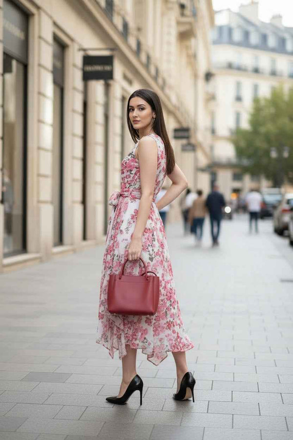 White and Pink Floral Maxi Dress Belted Flowy Summer Gown