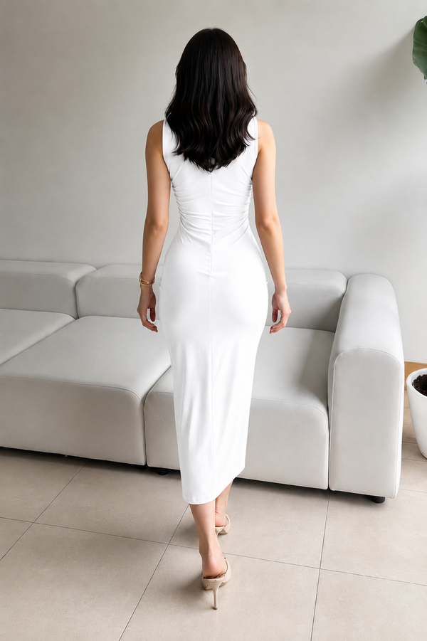 White High Neck Ruched Bodycon Midi Dress
