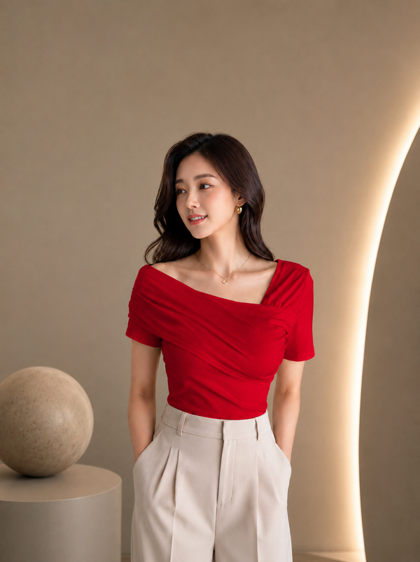 Red Asymmetric Ruched Neck Fitted Top for Women