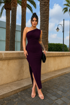 Deep Wine Plum One-Shoulder Ruched Slit Maxi Dress