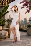 White Ruffle Hem High-Low Midi Dress