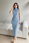 Light Blue High Neck Ruched Bodycon Midi Dress